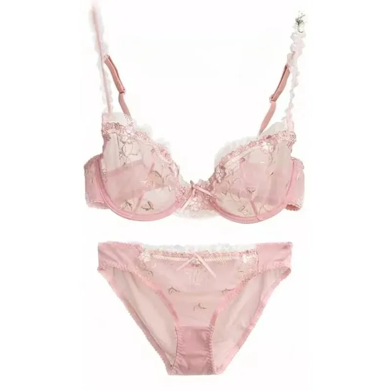Ensemble de soutien-gorge non doublé de style Français | Demi-tasse minimiseur en dentelle pour grande taille de bonnet, sans rembourrage, fine, transparente, Anti-affaissement, Lingerie BANERDANNI — image 5