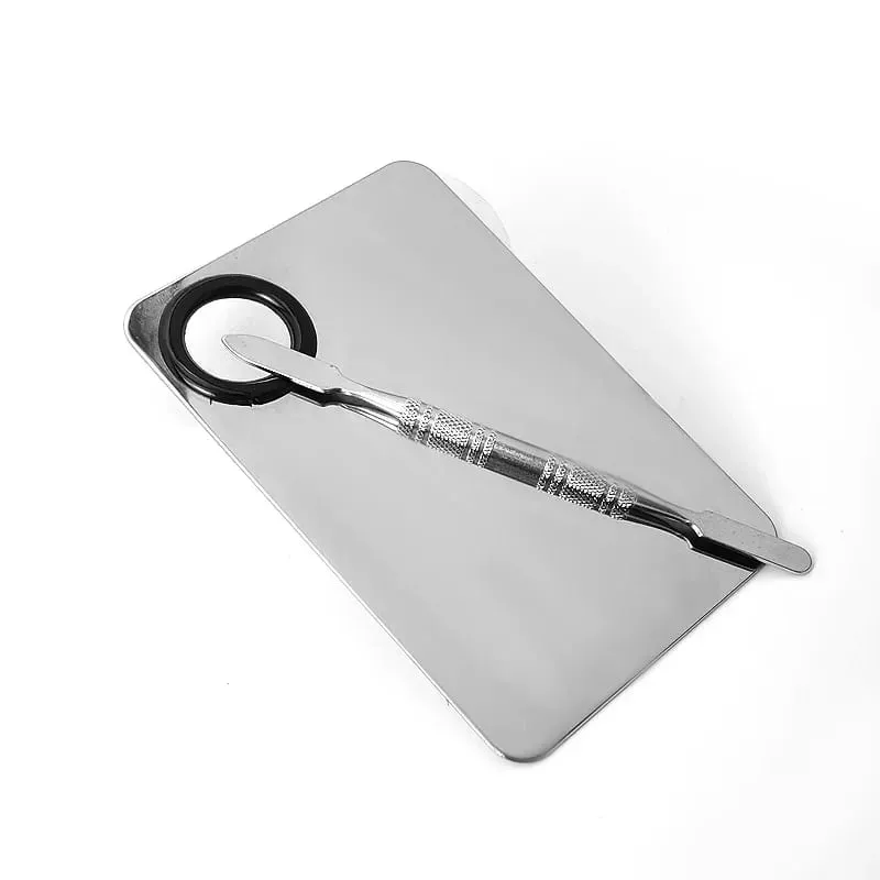 Paleta de mistura de maquiagem atualizada, bandeja de mistura de metal em aço inoxidável com espátula, ferramenta artística para base de mistura, arte em unhas — image 2