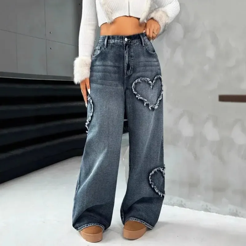 Jeans in denim lavato pesante patchwork retrò americano con bordo sfrangiato Pantaloni larghi dritti a gamba larga unisex da strada 21095 — image 3