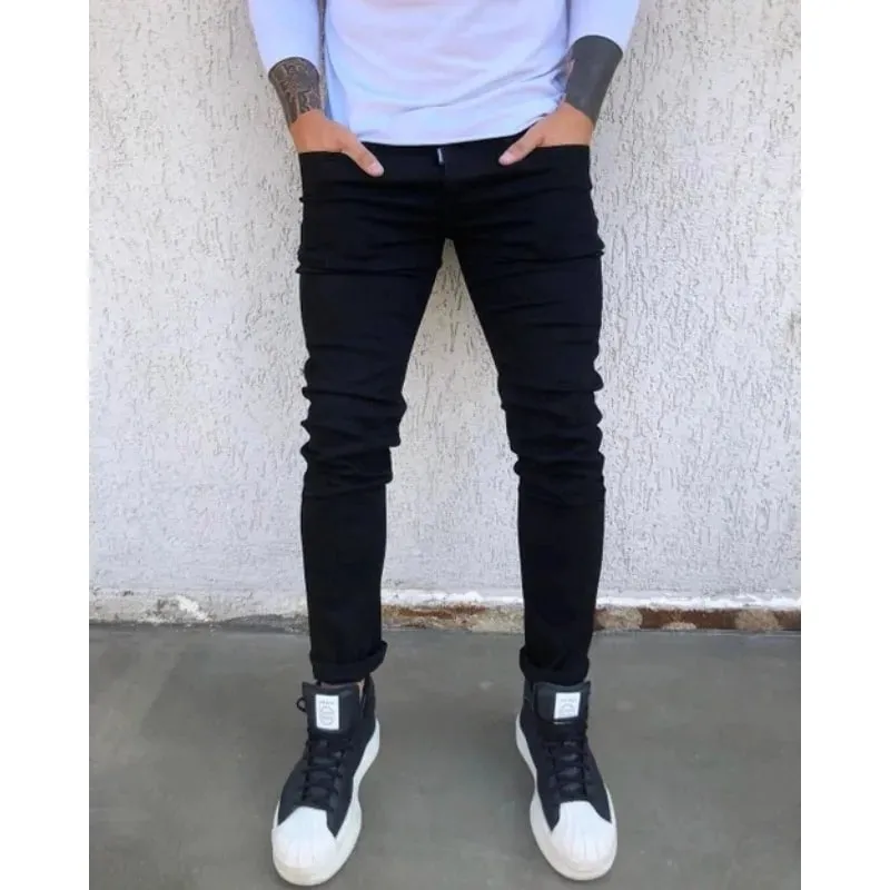Musim Bunga Musim Gugur Baru Seluar Jeans Lelaki Regangan Hitam Ramping Kaki Kecil Kasual Warna Pepejal Mudah Lelaki Seluar Denim Kurus Pakaian Jalanan