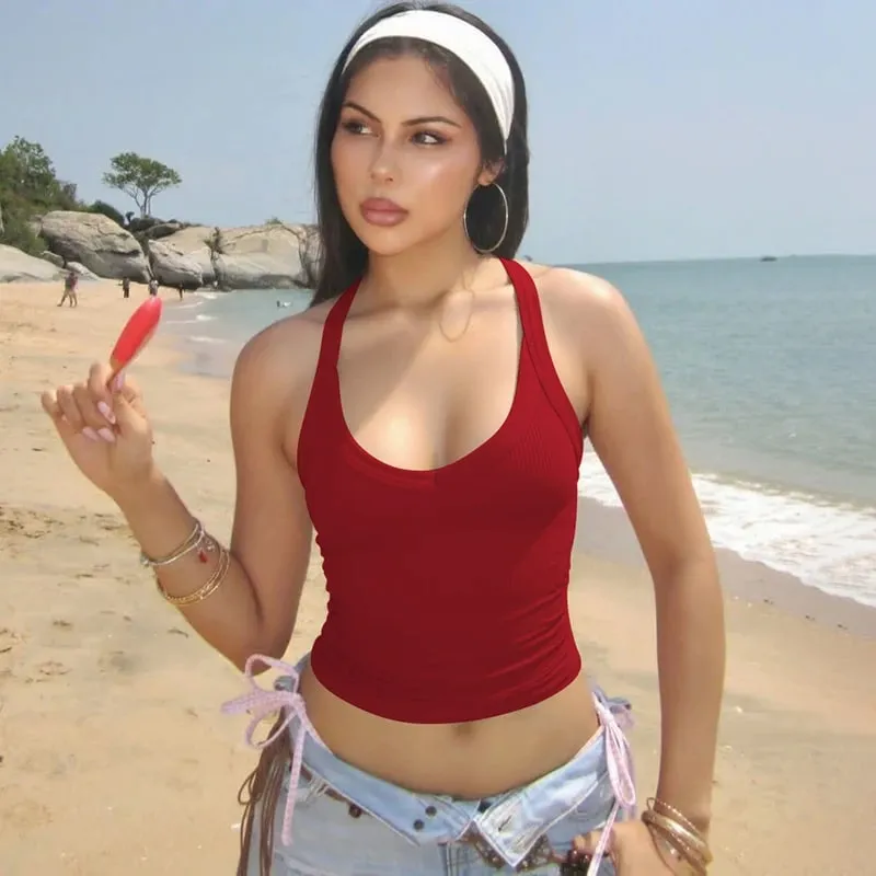 Hugcitar 2026 Yaz Nervürlü Halter Backless Katı Seksi Kırpma Tank Top Rahat Y2K Kadın Giysileri Plaj Tatil Streetwea... — image 16