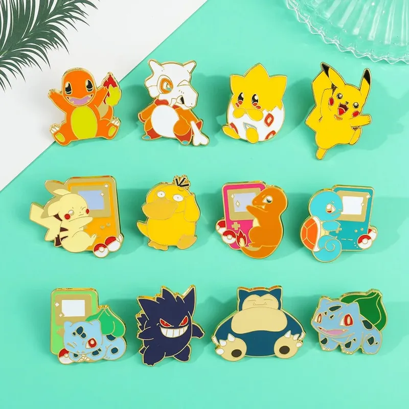 Cute Pikachu Brooch Anime Figures Gengar Psyduck Squirtle Togepi Bulbasaur Enamel Lapel Pin Badges on Backpack — image 4