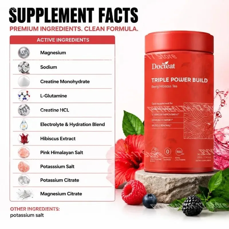 Docteat Triple Power Build Creatine Powder dengan Creatine HCL Creatine Monohydrate Electrolyte Hydration Blend 30 Hidangan — image 2