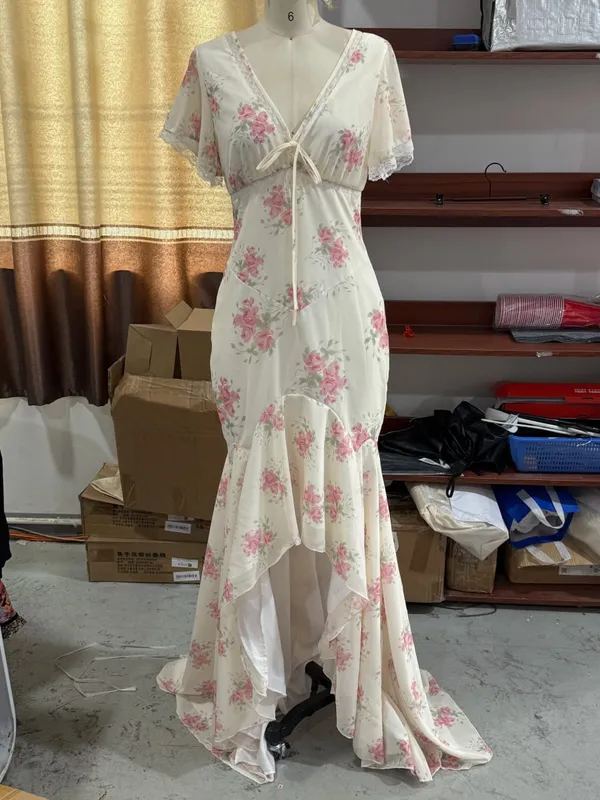 Women Floral Print Chiffon Maxi Dress Romantic Deep V-neck Flutter Sleeve High Low Lace Trim Dress 2026 Summer Elegant Lady Gown — image 10