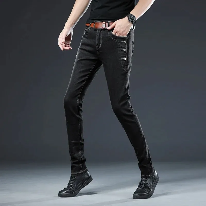 Autumn Men's New Button Skinny Jeans Black Gray Multi-button Youth Skateboard Stretch Denim Trousers Slim Straight Male Pants — image 4