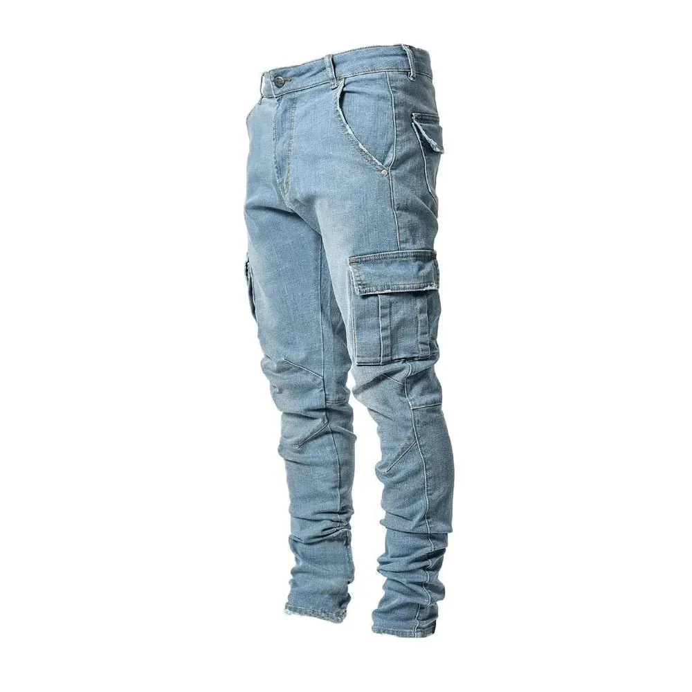 Panlalaking street stretch denim jeans wasshed solid color multi pocket work pants casual slim fit daily wear jogging pants mid wa — image 7