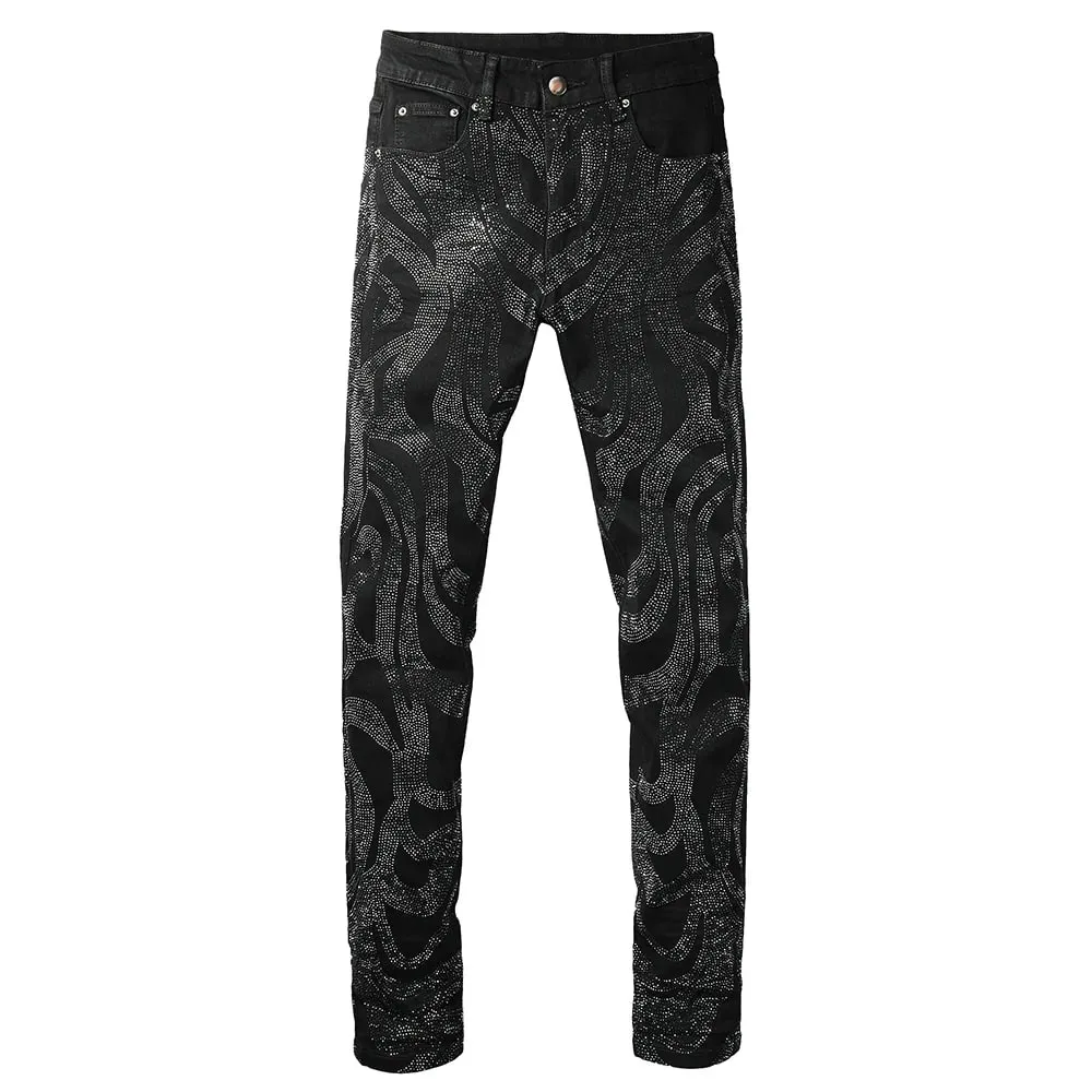 Mænd Crystal Denim Jeans Højkvalitets Rhinestone Stretch Bukser Streetwear Sorte Skinny Tapered Bukser