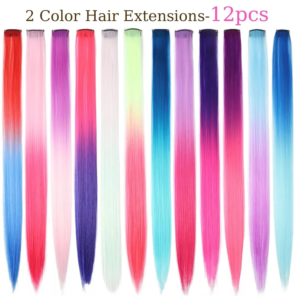 20 inci patchwork 3 warna sintetik klip tunggal warna pelangi sambungan rambut sambungan rambut 24 warna untuk kanak-kanak perempuan hadiah percutian