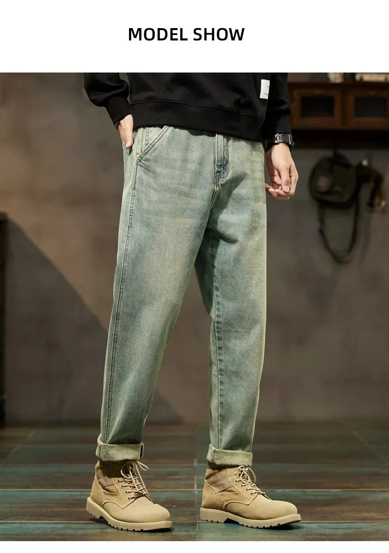 Mænds forår 2026 løse haremsbukser Denim Retro Solid Komfortable Harajuku lige jeans Simple Fashion Alsidige Cargo-bukser — image 9