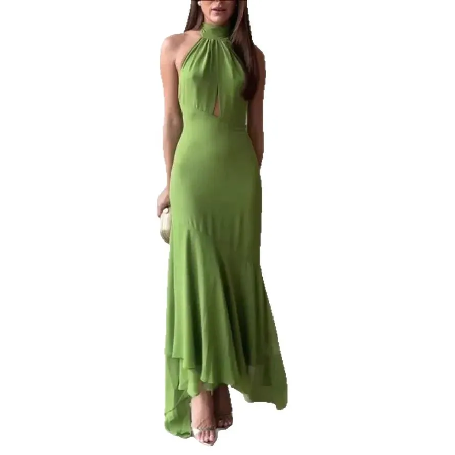 Temperament Halter Neck Long Dresses Women Green Backless Leace-up Irregular Package Hip Party Dress Elegant Banquet Vestidos — image 7