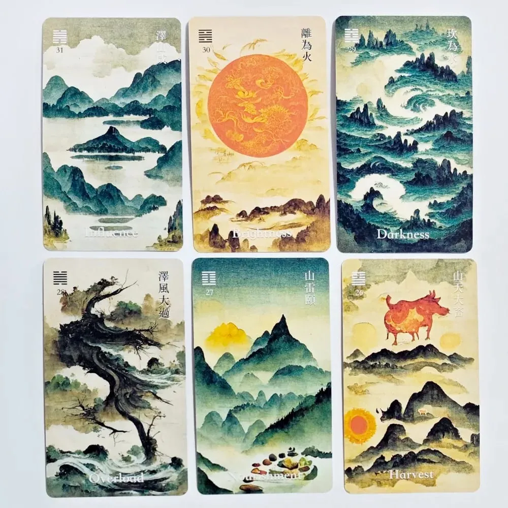 64 카드 I-Ching 오라클 데크 영적 안내 및 명상을위한 전통적인 잉크 아트 스타일 중국 점술 도구 10.3*6cm — image 4