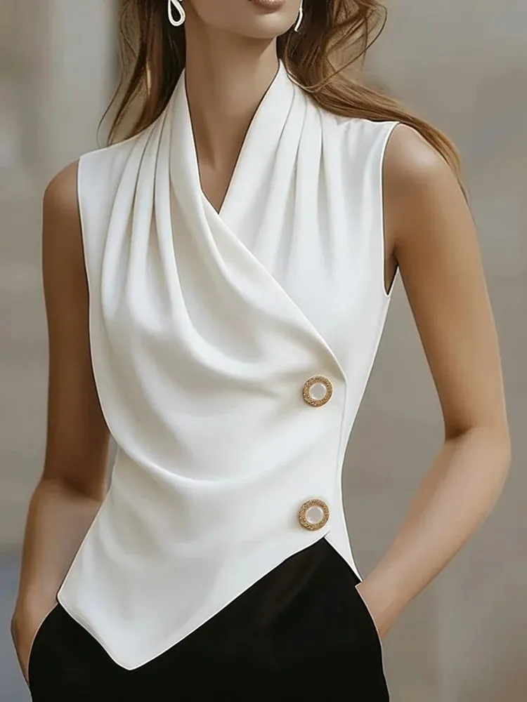 Haut sans manches à col en v et ourlet irrégulier, charme Simple et élégant, sensation haut de gamme, vêtements pour femmes — image 2