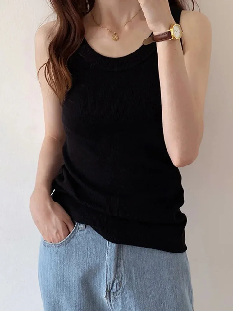 Tank Top Warna Polos Rajutan Musim Panas Kamisol Ramping Putih Kaus Kamisol Dasar Wanita