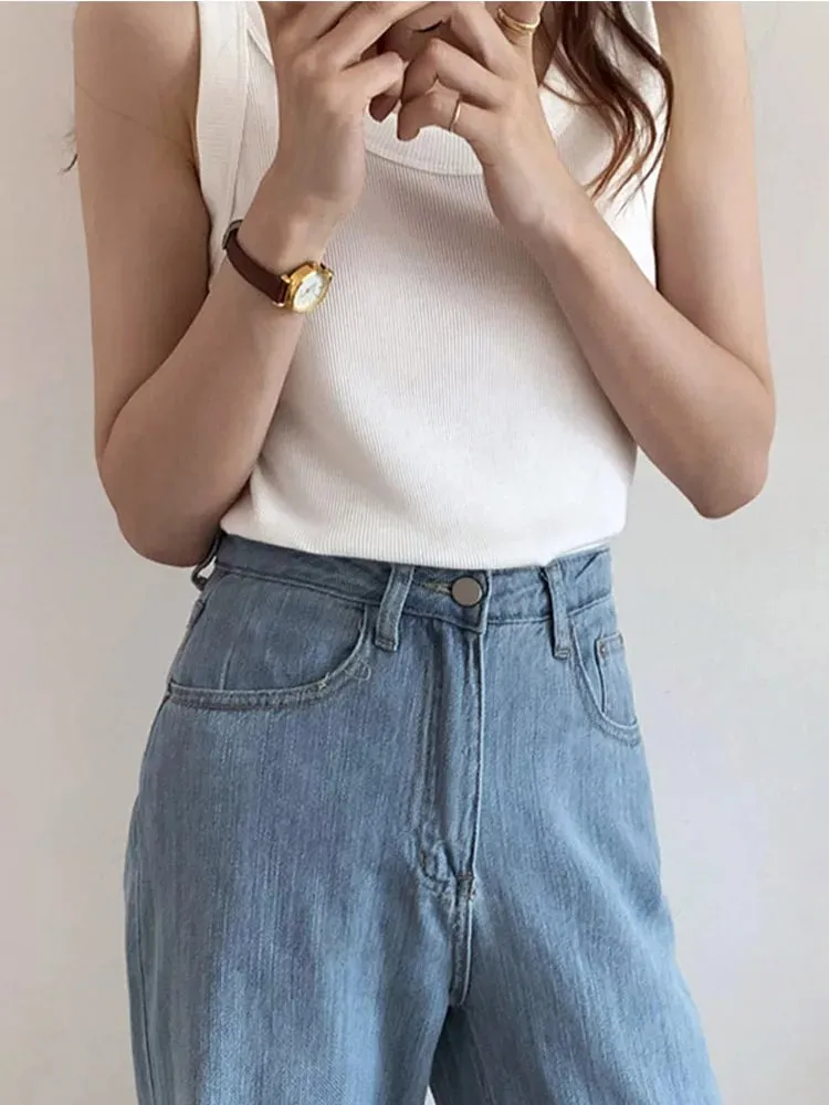 Tank Top Warna Polos Rajutan Musim Panas Kamisol Ramping Putih Kaus Kamisol Dasar Wanita — image 4