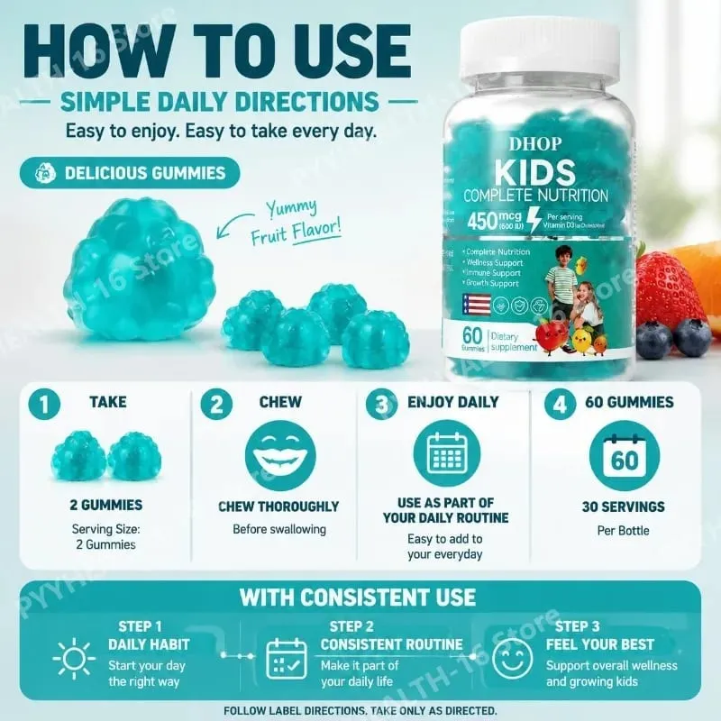 Gummies multivitamines pour enfants vitamine D3 C Zinc B vitamines soutien immunitaire bien-être quotidien Nutrition saveur de fruit 60 Gummies — image 7