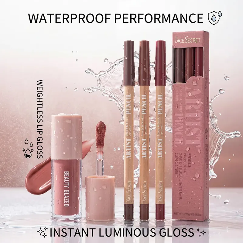 4 Buah Set Lip Liner & Lip Gloss Kit Rias Bibir Harian Halus Tahan Air Tahan Lama Tahan Noda — image 5