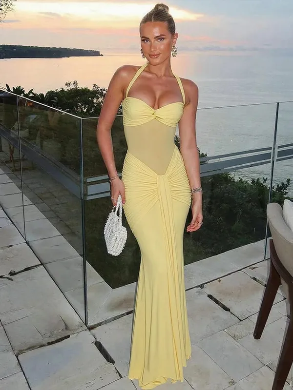 Nibber Halter Mesh Patchwork Dress Women Summer Trend Off Shoulder Backless Ruched Ribbon Midnight Prom Party Hipster Vestidos — image 2