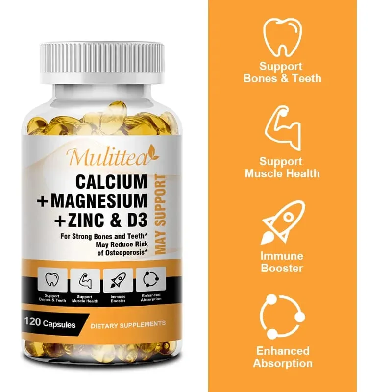 Capsule di calcio, magnesio e zinco Mulittea con vitamina D3 per ossa forti e salute del sistema nervoso e promuovono la crescita cellulare — image 1