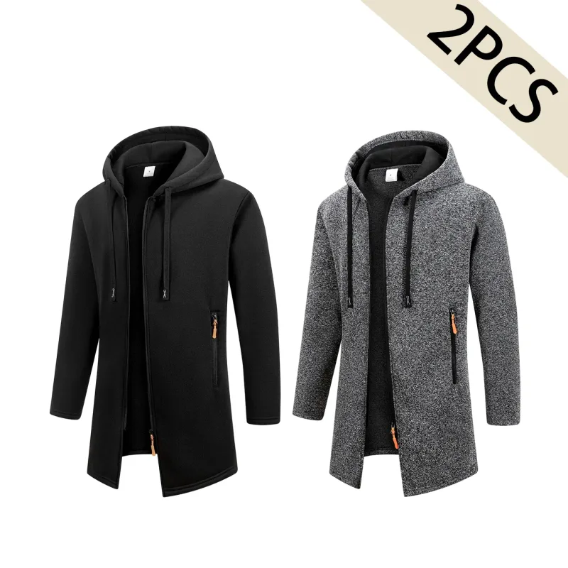Ensemble de 2 pièces pour hommes, veste à capuche mi-longue avec fermeture éclair complète, manteau chaud doublé en polaire avec capuche à cordon de serrage et poches zippées, vêtements d'extérieur décontractés pour l'automne et l'hiver, usage quotidien