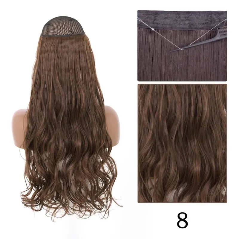 Estensioni dei capelli sintetiche senza clip regolabili con linea di pesce, parrucchino naturale biondo marrone ondulato lungo resistente al calore per le donne — image 12
