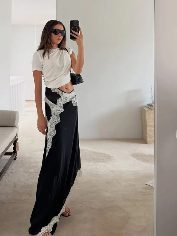Lace Patchwork Cut Out Kortærmet snoet t-shirt farveblok samlet blondepanel Maxikjoler Dame Chic Daglig Outfit