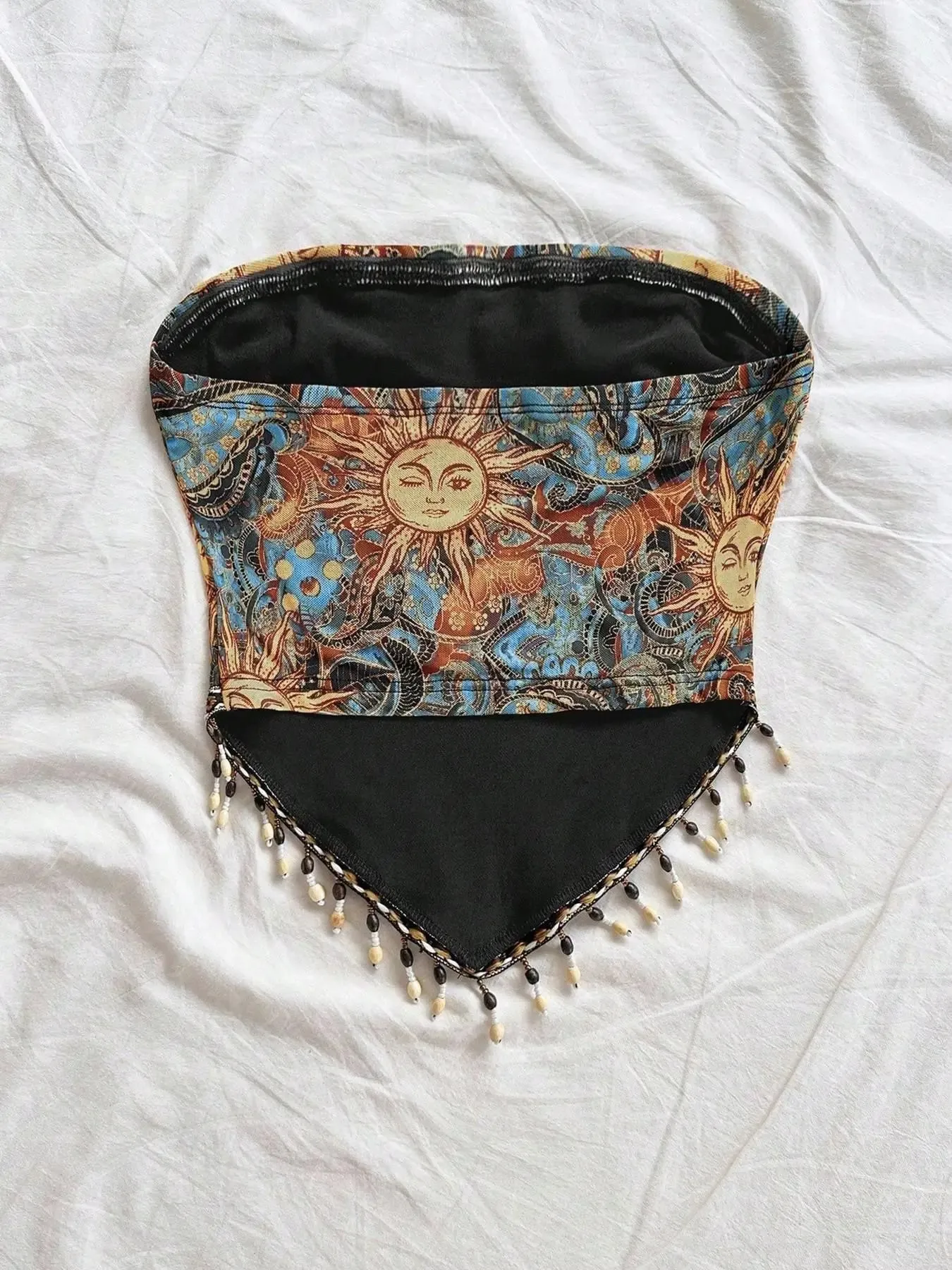 Haut tubulaire tricoté en maille imprimée pour femme, 1 pièce, avec ourlet triangulaire et garnitures à franges perlées — image 3