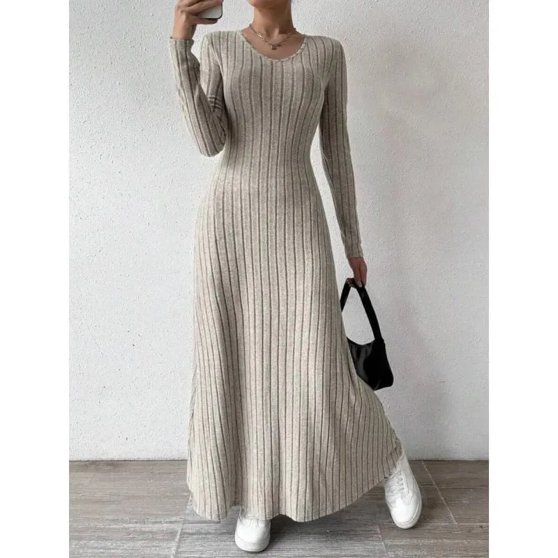 Fashionable Knitted Long Sleeve A-Line Dress Slim Fit Solid Color Street Style Women's Dress Comfortable Casual Elegant Commute — image 8