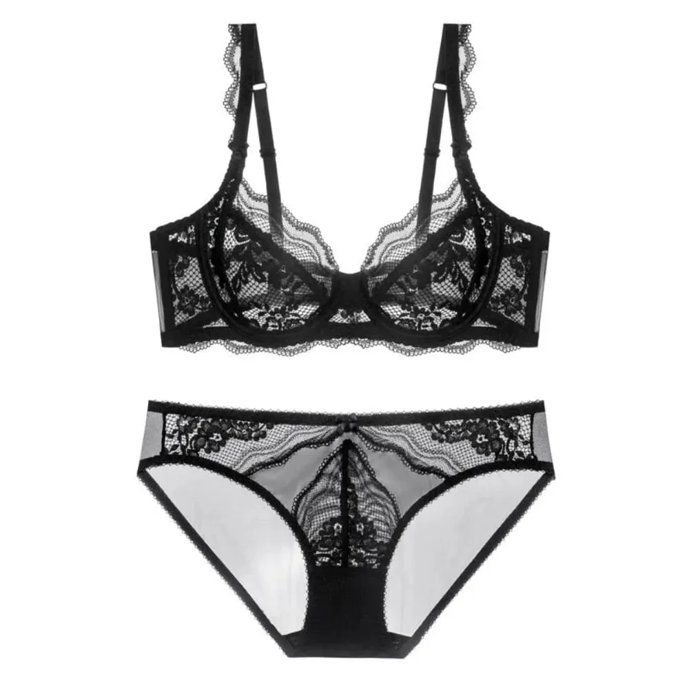 Plus Kích Thước Full Áo Ngực Quả Giá Bộ Áo Ngực Sheer Ren Hoa Mỏng Chống Chảy Xệ Hỗ Trợ Trong Suốt Quần Lót Nữ Thoáng Khí Dùng Thân Thiết — image 4