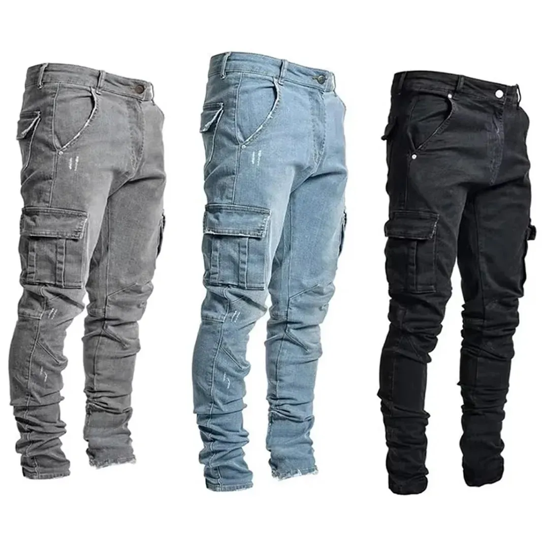 Männer Casual Bleistift Jeans Männlichen Elastische Multi Tasche Kleine Dünne High Street Denim Hosen Waschen Einfarbig Mittlere Taille Cargo-Jeans — image 1