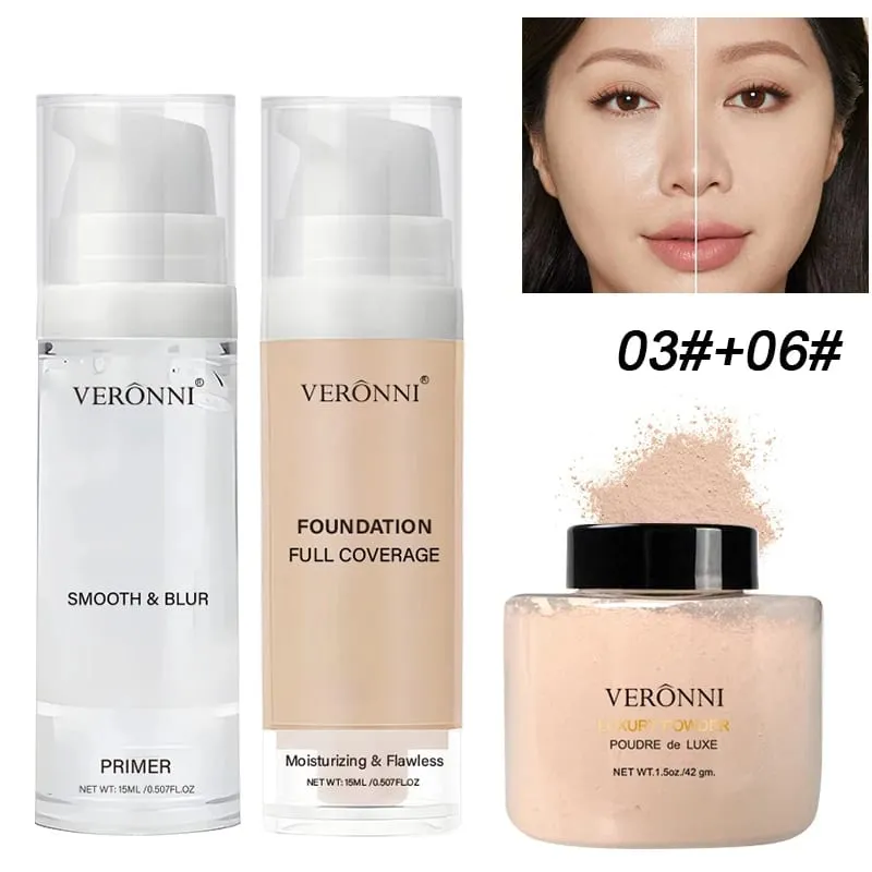 Kit de Maquillaje facial para principiantes de 3 piezas, base mate resistente al agua, base hidratante, Control de aceite, polvo suelto, corrector de cobertura completa