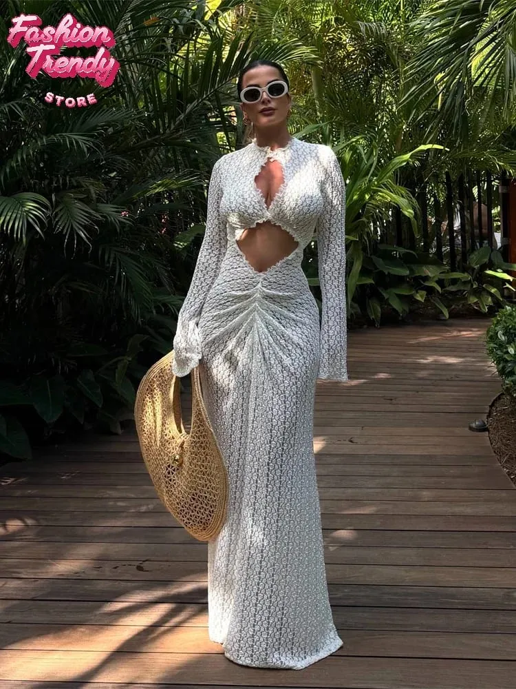แฟชั่นHollowed-Out Lace Patchworkชุดผู้หญิงO-คอยาวแขนยาวBodycon Maxi Dressesฤดูร้อนLadyชุดวันหยุด — image 6