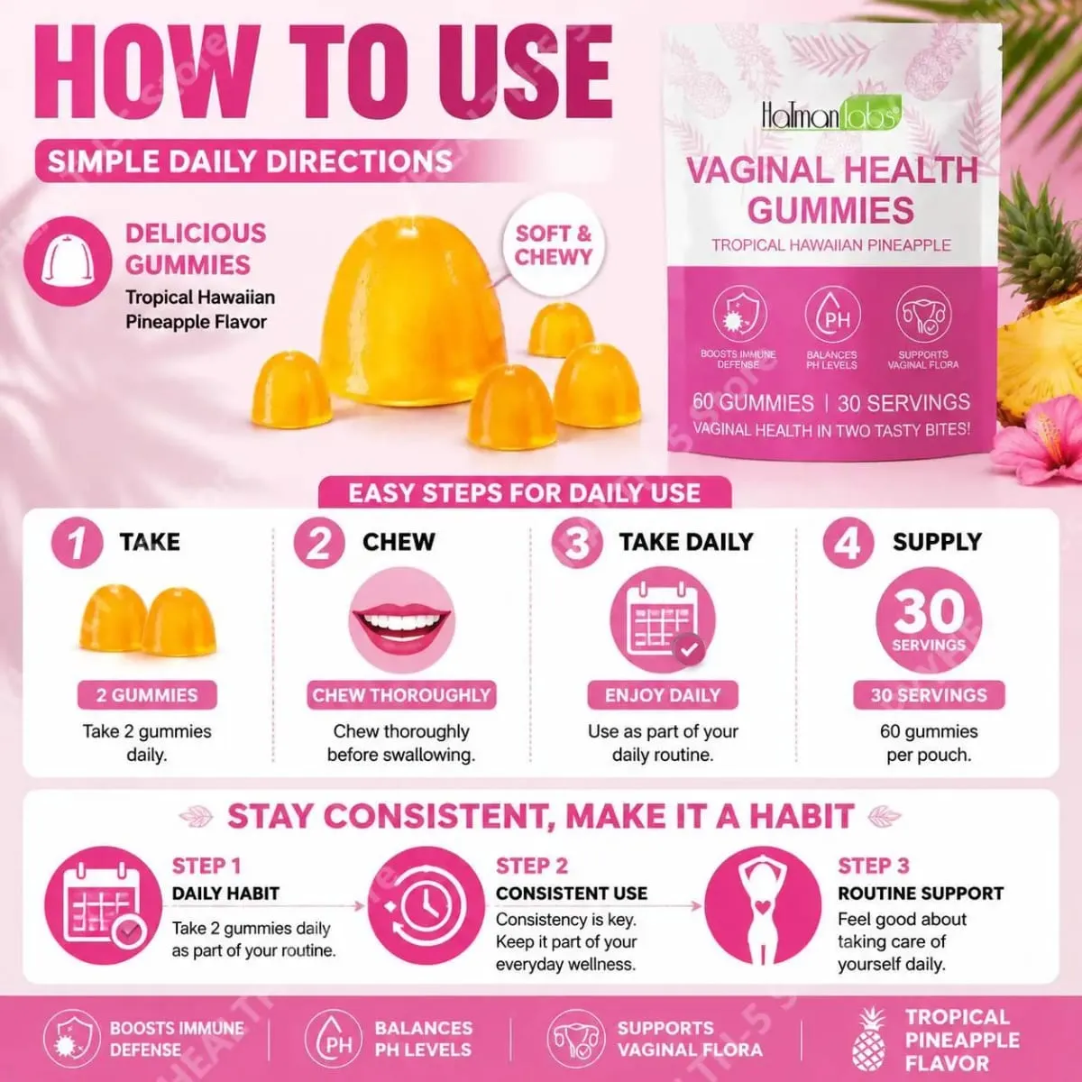HalmanLabs Vaginal Health Gummies mit Probiotika und Vitamin C gleichen den pH-Wert aus und unterstützen die Vaginalflora – 60 Gummies — image 6