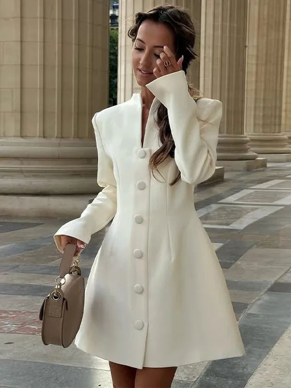 Solid Single-breasted A-line Mini Dress 2026 Elegant Women's V Collar Full Sleeve High Waist Vestidos Lady Commute Street Gowns