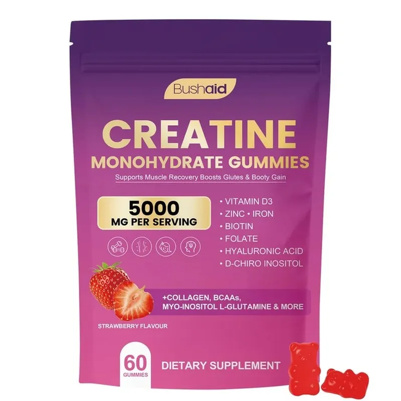 BushAid Creatine Monohydrate Gummies til post-workout muskelgendannelse med Multi-Collagen Blend BCAA og Zink 60 Gummies