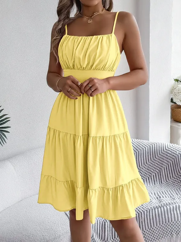 Casual Vacation Ruffled Camisole Dress Spring Summer Women's Solid Dresses For 2026 Valentine's Day Woman Clothing Pink Blue — image 12