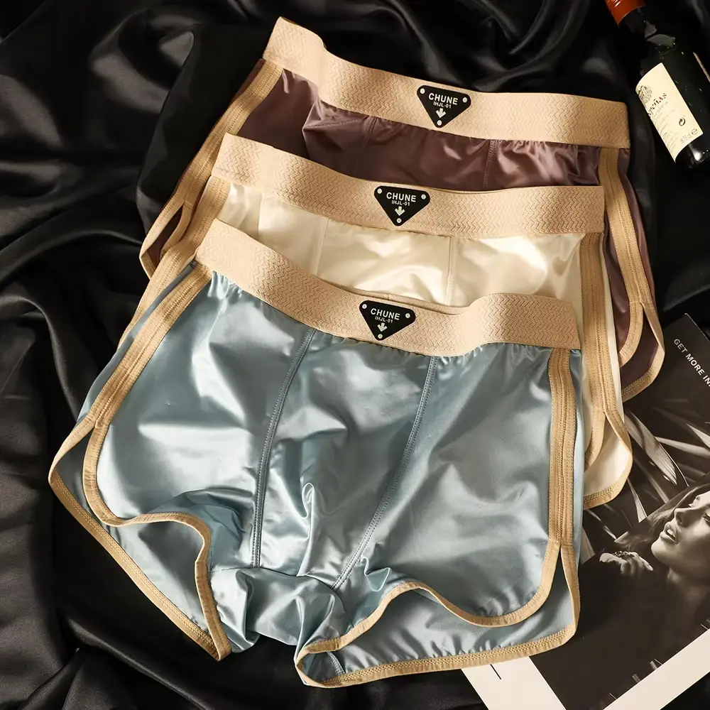 3 ชิ้น/แพ็คหรูหราซาตินเหมือนผ้าไหมน้ำแข็งกางเกงในชายดูดความชื้นBreathable Double-Layerผ้าไหมเป้านักมวยกางเกงยืดหยุ่นสูง 3256809382495730 — image 13