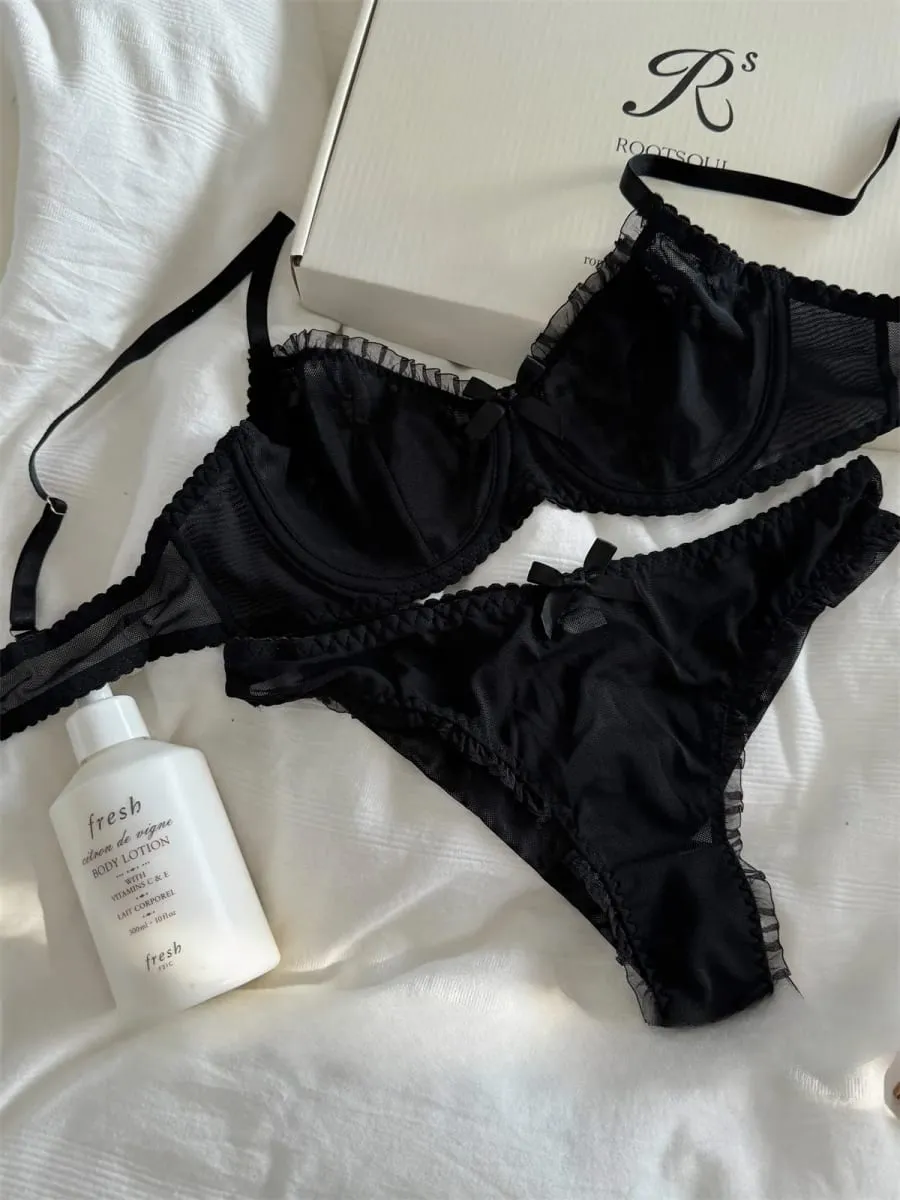 Lingerie en maille de dentelle noire, sous-vêtements, soutien-gorge fin, soutien-gorge rassemblé, gros seins, spectacle, petit ensemble de soutien-gorge — image 4