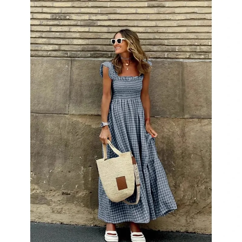 Elegante temperamento xadrez retalhos deslizamento boho vestido de verão plissado sem costas plissado cintura elástica balanço solto vestidos de festa — image 5