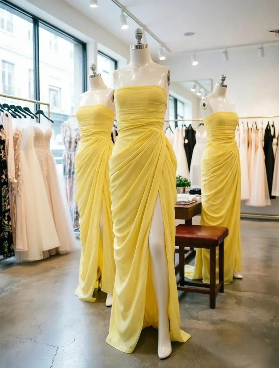 Mingmingxi Spring Summer Yellow Strapless Maxi Dress Ruched High Slit Evening Gown Bodycon Wedding Guest Party Dress Women — image 7