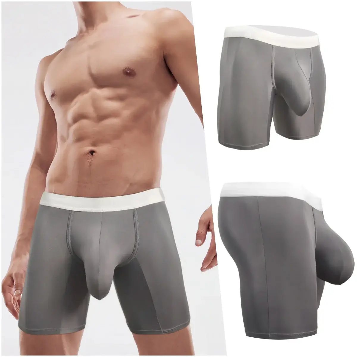 Mens Cool Ice Silk Boxer Briefs ลึกพิเศษกระเป๋า Breathable Long Running Sport Gym ชุดชั้นใน Anti Chafe ฟรีกางเกงว่ายน้ำนุ่ม — image 3
