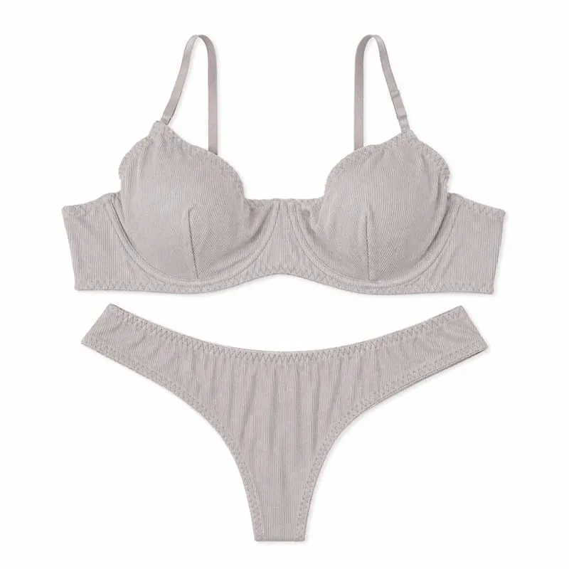 Set di biancheria intima da donna a costine tinta unita con ferretto e coppa sottile abbinato a perizoma a vita bassa morbido intimo quotidiano — image 8