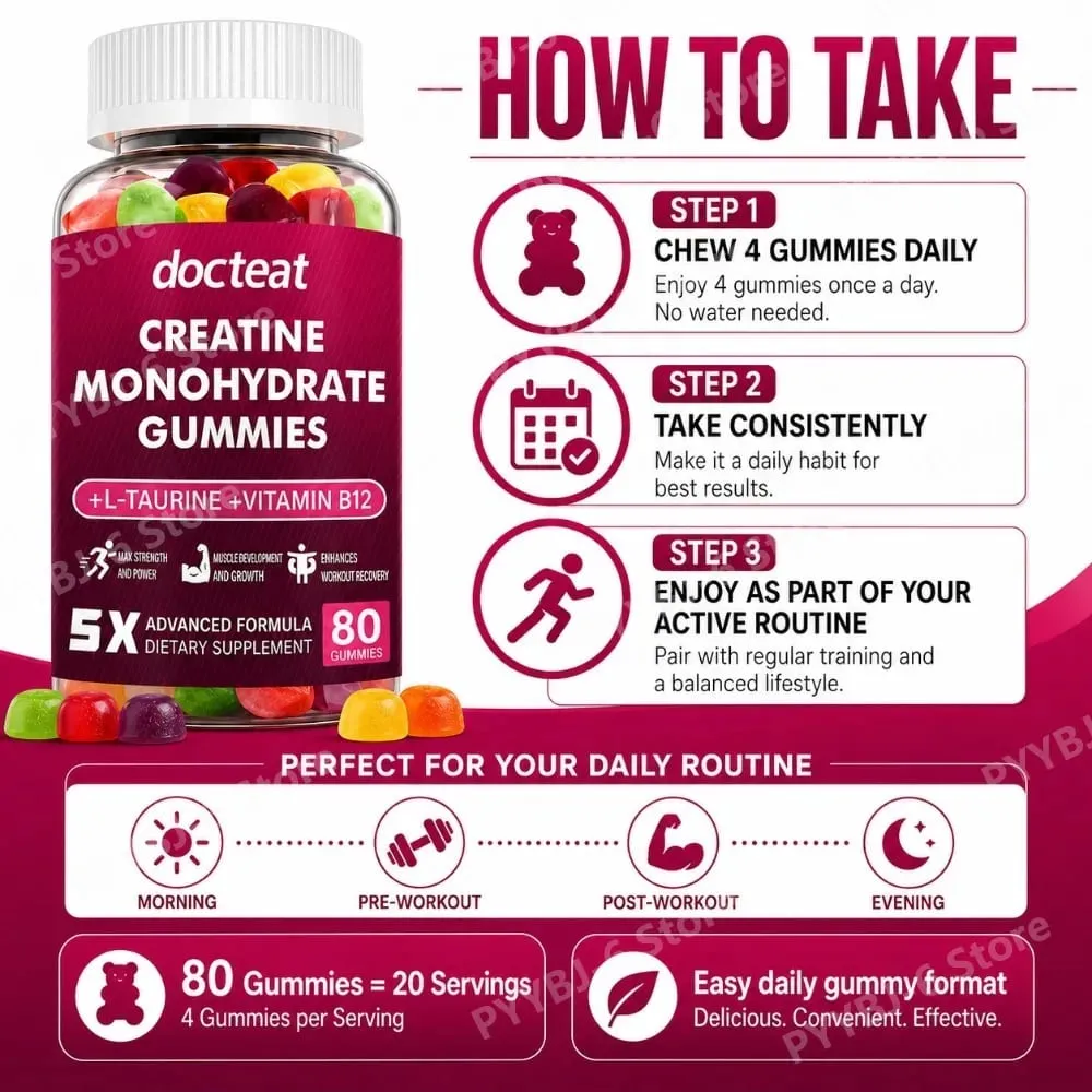 Creatine Monohydrate Gummies 80 นับพร้อมทอรีนวิตามินบี 12 อาหารเสริมโภชนาการการกีฬาแบบเคี้ยวสำหรับกล้ามเนื้อและพลังงาน — image 6