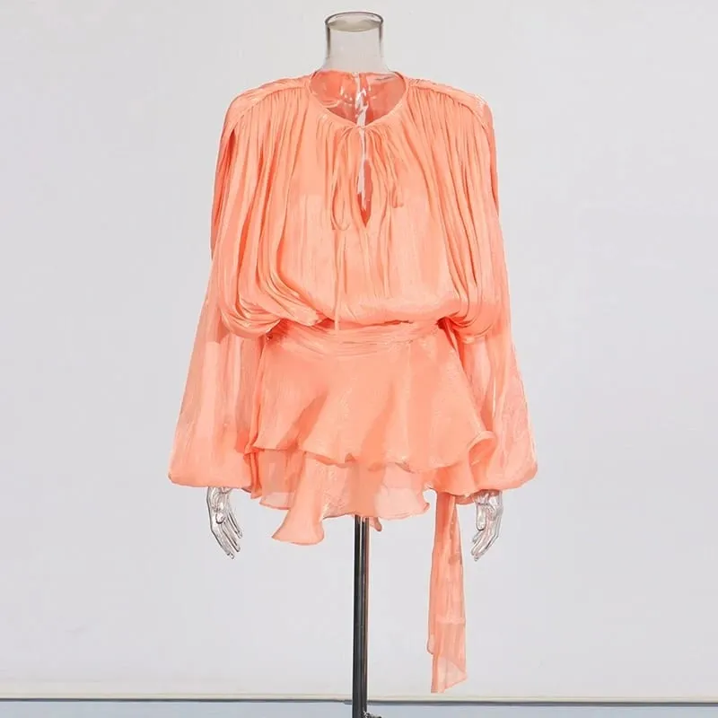 Solid Patchwork Lace Up Blouse Mini Dresses For Women V Neck Long Sleeve Sweet Style Dress Female Clothing Fashion — image 14