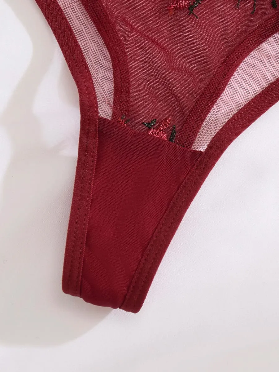 Ensemble de sous-vêtements respirants confortables semi-transparents brodés en forme de coeur rouge vin pour femme approprié ZA825026 — image 5