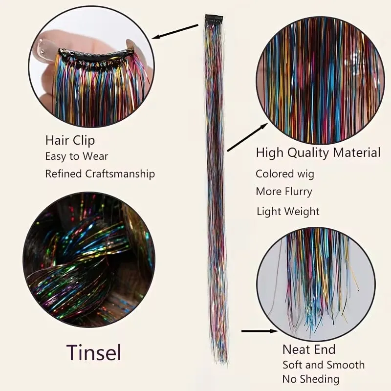 Synthetische Regenbogen-Lametta-Haarverlängerung zum Anklippen, glänzendes Glitzer-Perücke-Haarteil für Frauen, Party, Cosplay, tägliches DIY-Haar-Accessoire — image 5