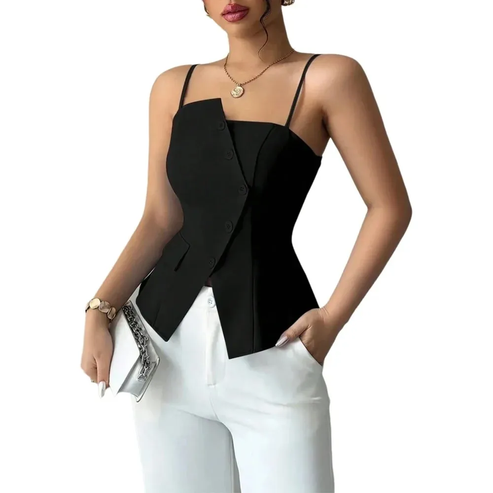 Damen-Cami-Top mit dünnen Trägern, asymmetrischem Knopf-Cami-Top, Knopf-Blazer-Weste, passend für elegante, schicke Bekleidung, Oberteile für Frühling, Sommer, Alltag