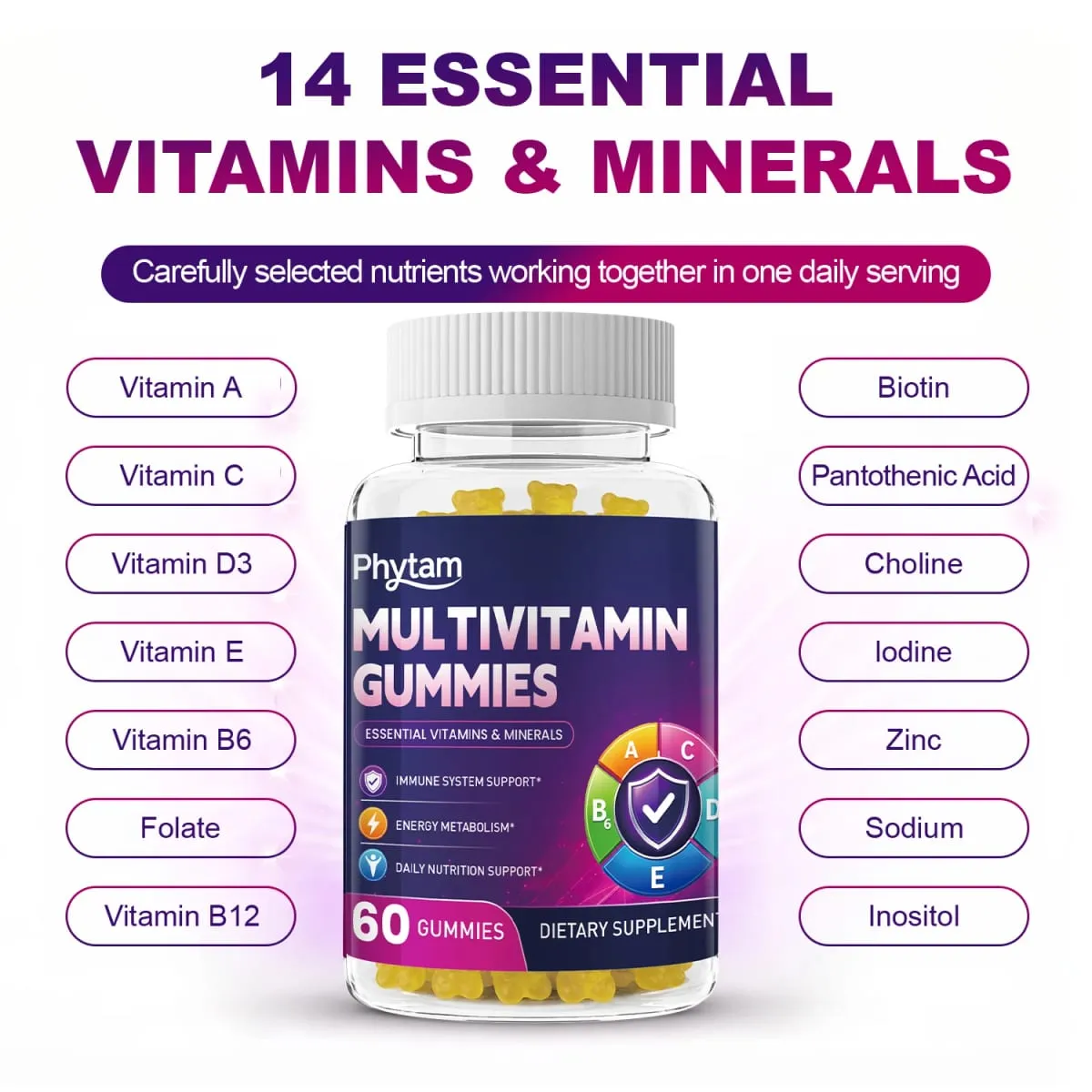 Multivitamin Dewasa Bear Gummies 14 dalam 1 Vitamin Mineral Kompleks Vitamin C Zink B D Metabolisme Tenaga Imun Sokongan Pemakanan Harian 60 Kiraan — image 4