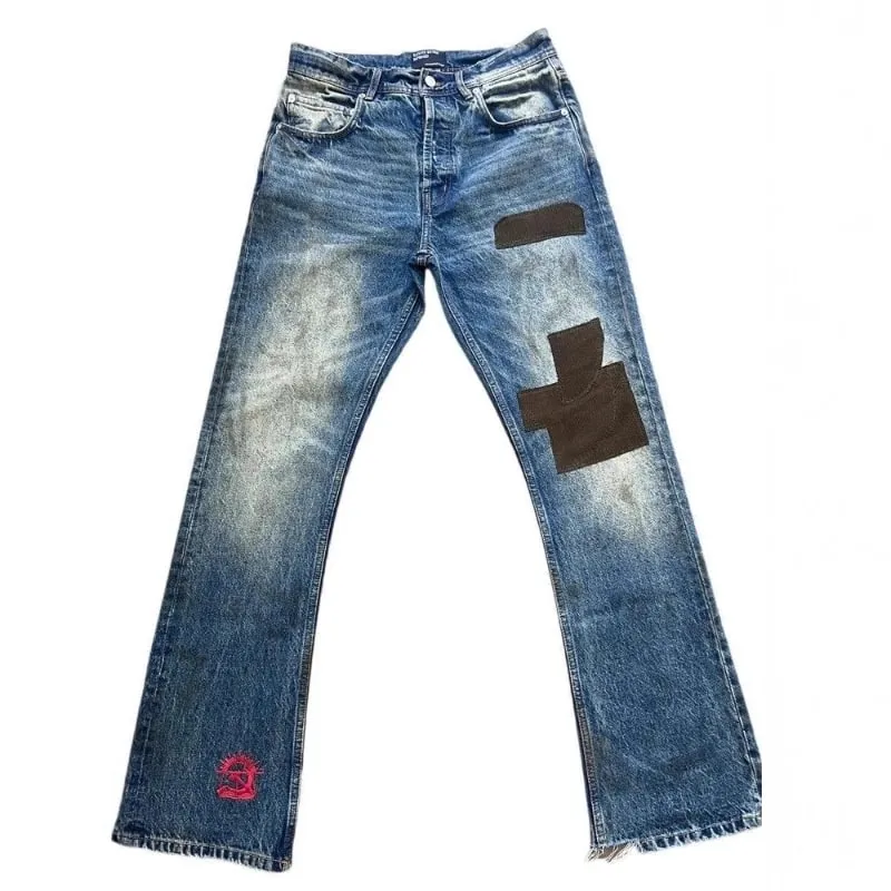 Męskie jeansy rozkloszowane Harajuku Vintage sprane spodnie dżinsowe w trudnej sytuacji patchworkowy sztruks Slim Fit casualowe w stylu Streetwear unisex nowa wiosna