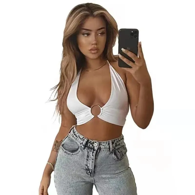 Sommer Kvinder Sexede Super-korte Tank Tops Patchwork Camis Solid Hollow Out Toppe Dame Ærmeløse Stropløse V-hals Slim Top Veste — image 6