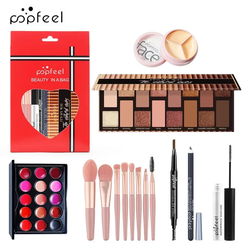 Dárková sada na make-up All-in-One s paletou očních stínů Foundation Lip Gloss štětce na oční linky a další kosmetické dárky